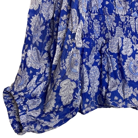 Vince Camuto Blue Gray Floral Print Smocked Waist Balloon Sleeve Peplum Small - Picture 7 of 16